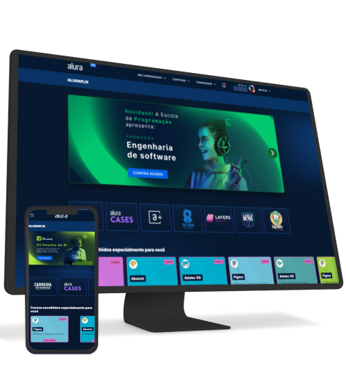 Um monitore e um celular com o alura plus aberto